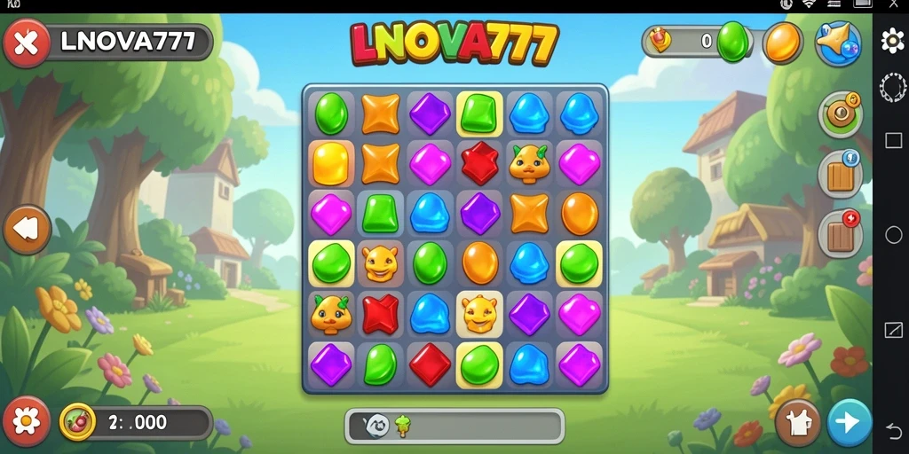Tangkapan layar LNOVA777 menunjukkan gameplay Match-3 yang menyenangkan dan penuh warna.